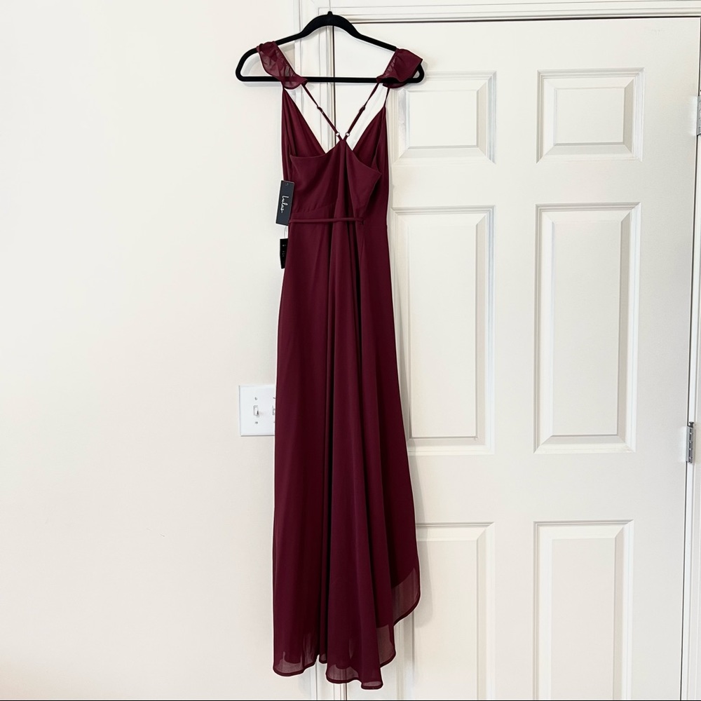 Lulu's Burgundy High-Low Ruffle Strap Maxi Dress - Picture 6 of 11